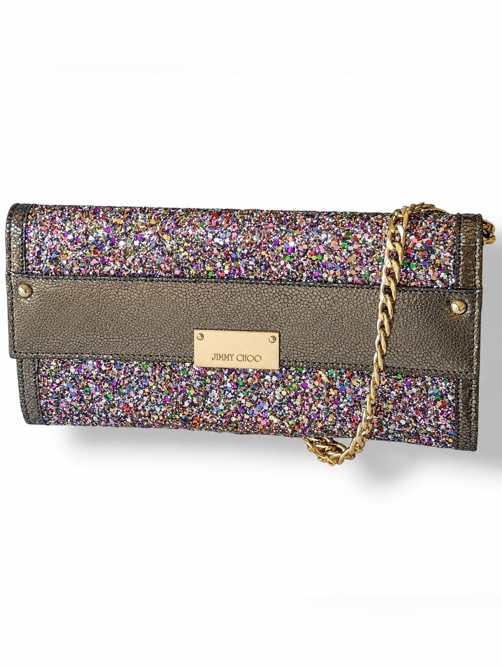 Jimmy Choo Reese Glitter WOC Clutch Crossbody Multicolor Metallic Leather Italy